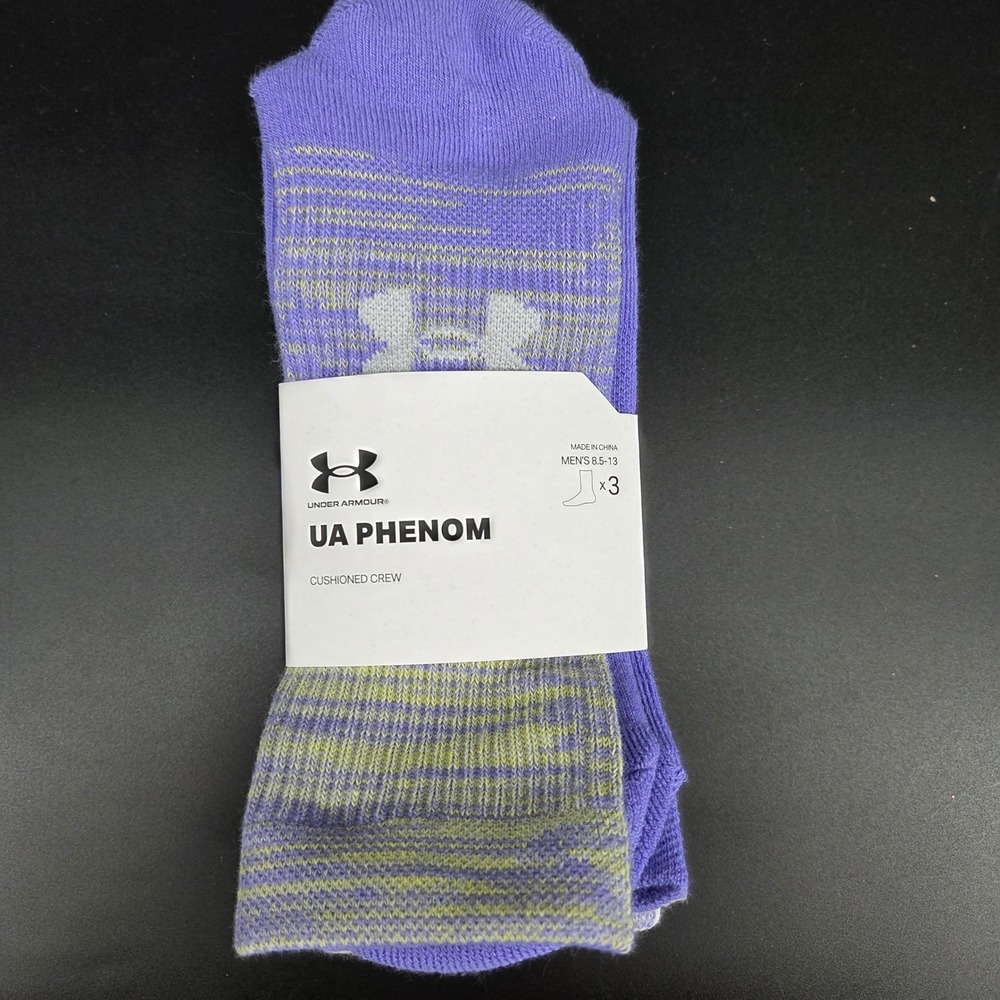 Under Armour Phenom UA Socks Mens 6.5-13 Purple Grey Cushioned Crew 3 Pack